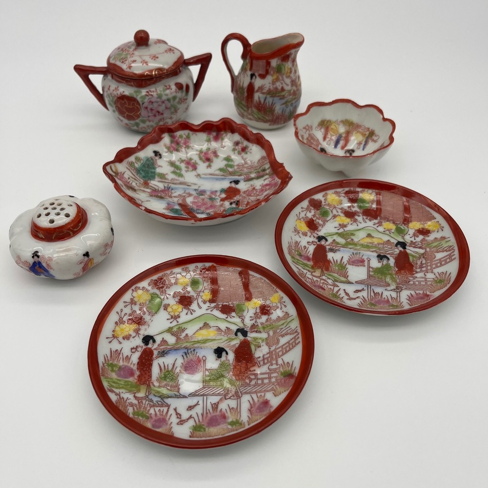 Vintage Japanese Kutani Eggshell Porcelain Miniature Tea Set Geisha 7 Piece Lot